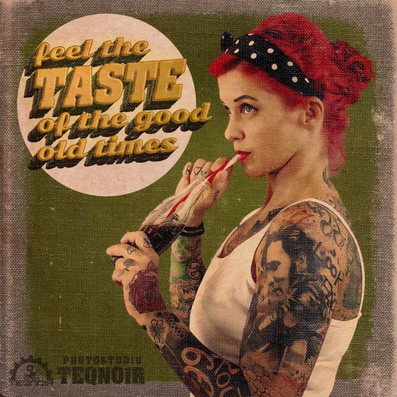 Mädchen trinkt Coca Cola im Vintage Style